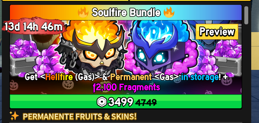 Soulfire Bundle - Hellfire (GAS), GAS Permanente e 2.100 Fragmentos no Blox Fruits